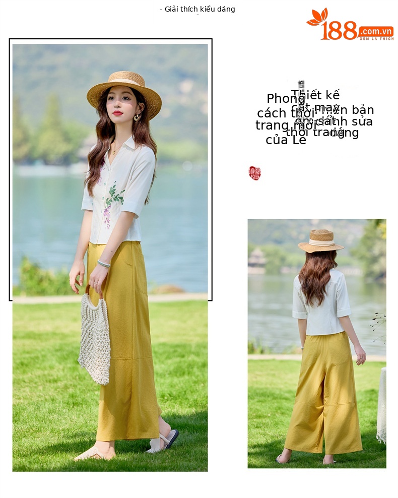 Bộ vest nữ hai mảnh áo sơ mi in họa tiết kết hợp quần ống suông cạp cao — Màu ảnh chi tiết 3