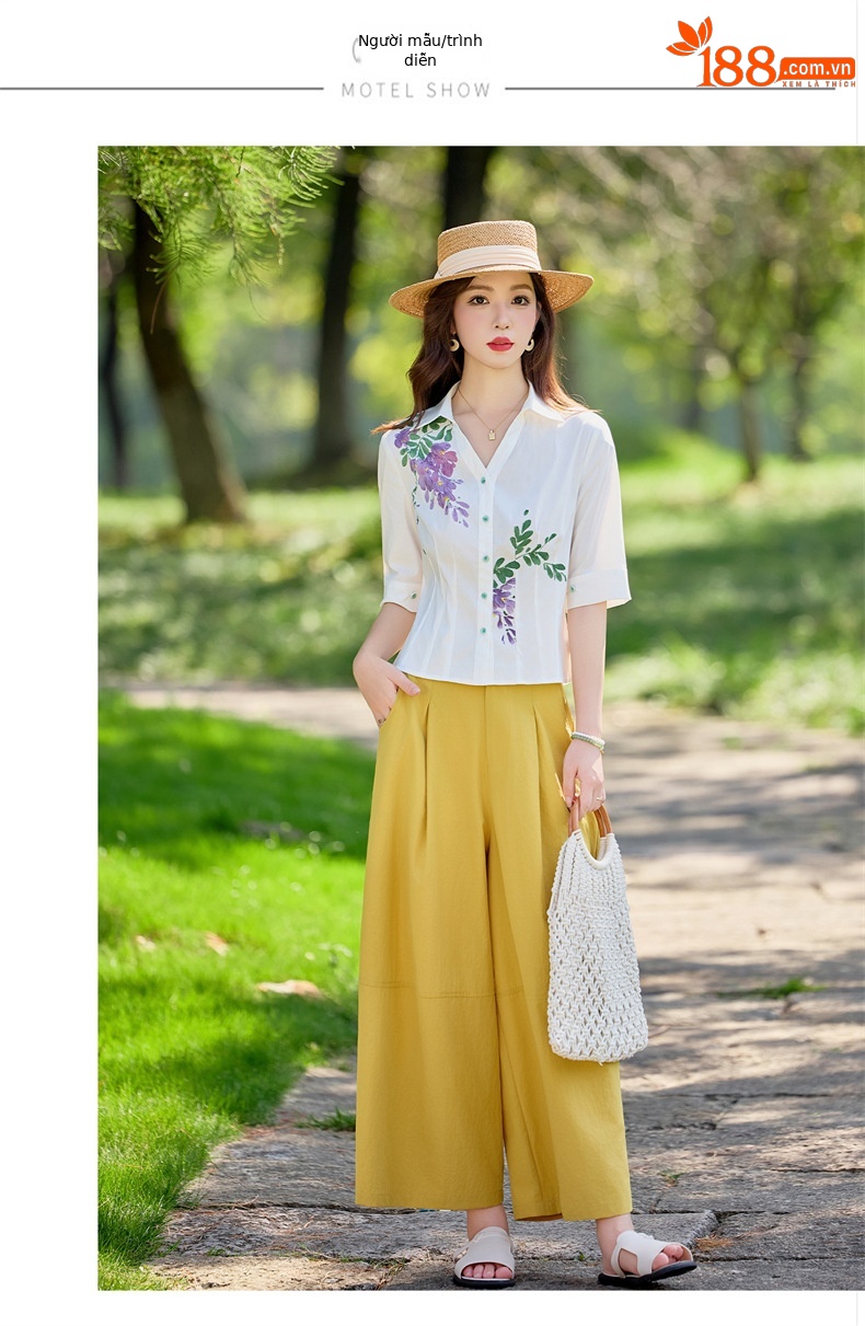 Bộ vest nữ hai mảnh áo sơ mi in họa tiết kết hợp quần ống suông cạp cao — Màu ảnh chi tiết 7