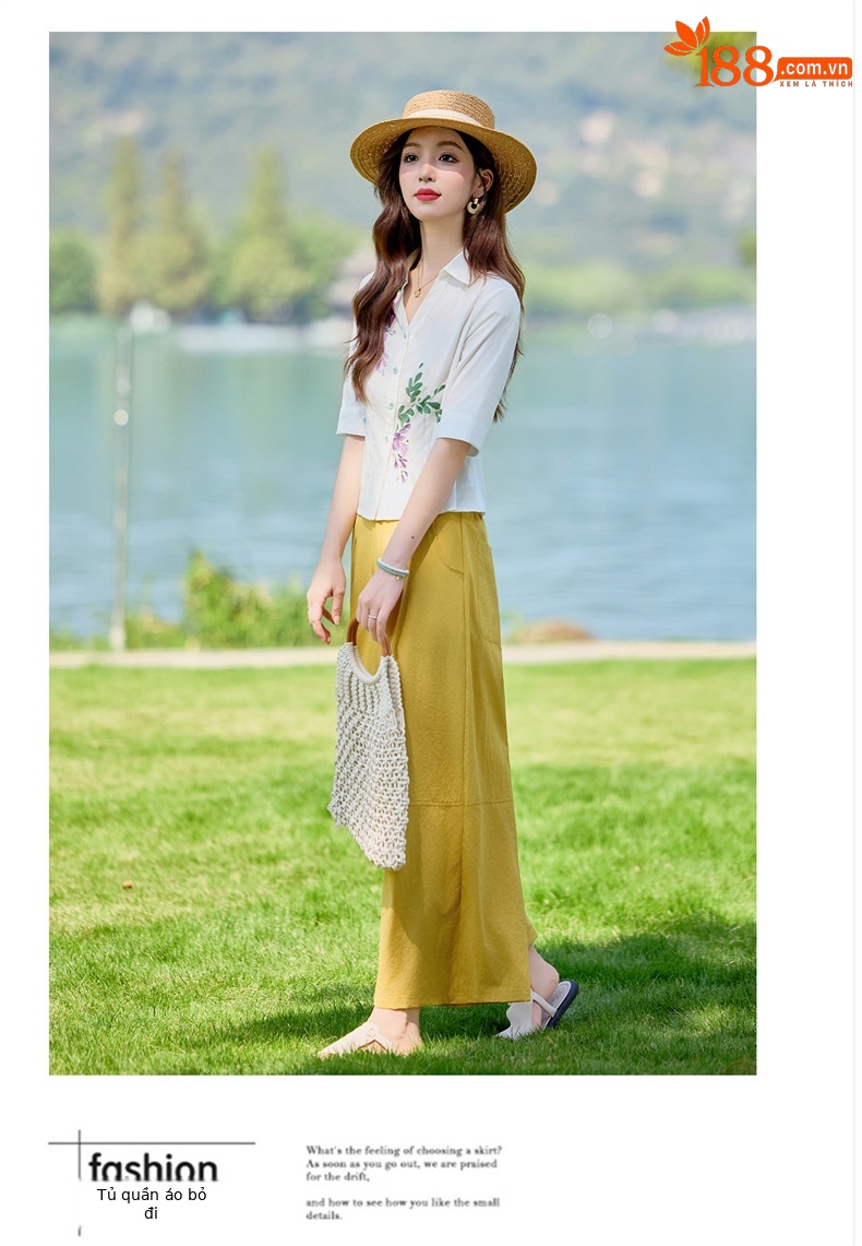 Bộ vest nữ hai mảnh áo sơ mi in họa tiết kết hợp quần ống suông cạp cao — Màu ảnh chi tiết 15