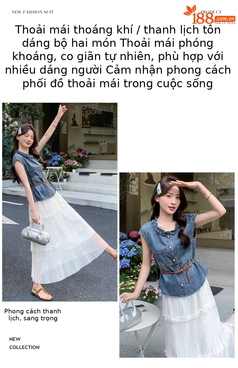 Bộ yếm quần denim không tay kết hợp chân váy ngắn nữ 2 món mùa hè 2026 — Màu ảnh chi tiết 2
