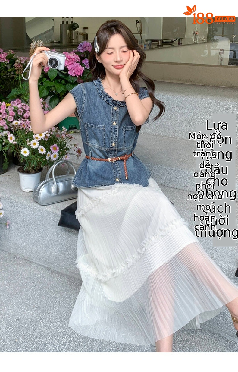 Bộ yếm quần denim không tay kết hợp chân váy ngắn nữ 2 món mùa hè 2026 — Màu ảnh chi tiết 3
