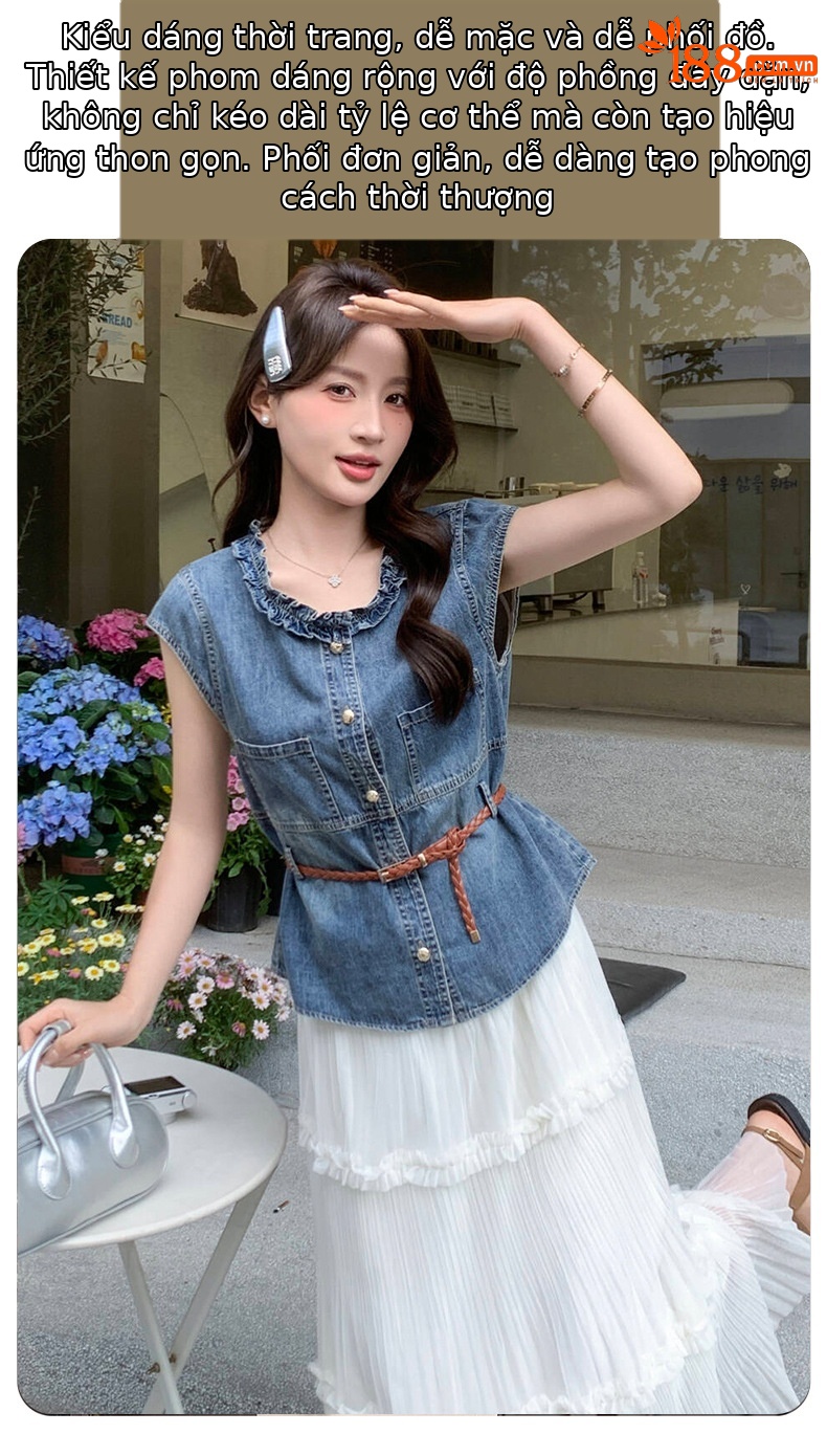 Bộ yếm quần denim không tay kết hợp chân váy ngắn nữ 2 món mùa hè 2026 — Màu ảnh chi tiết 5