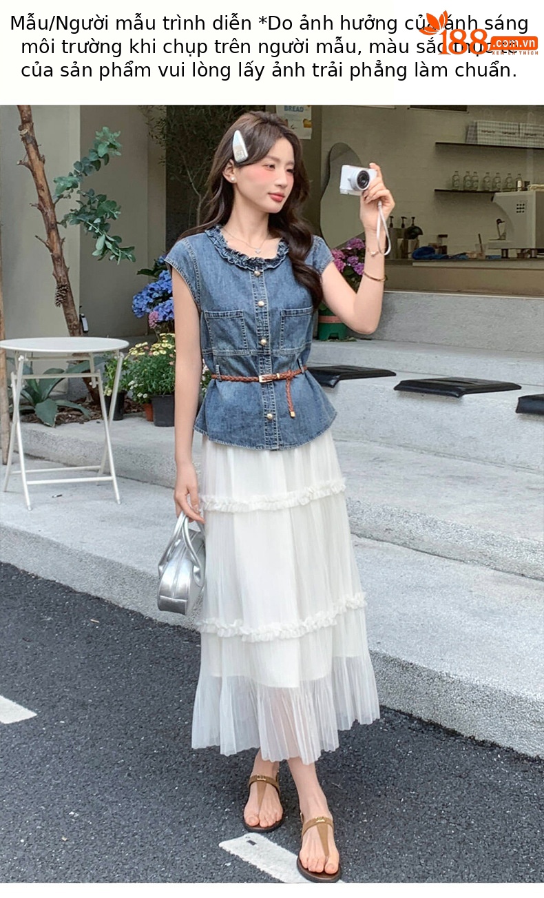 Bộ yếm quần denim không tay kết hợp chân váy ngắn nữ 2 món mùa hè 2026 — Màu ảnh chi tiết 10