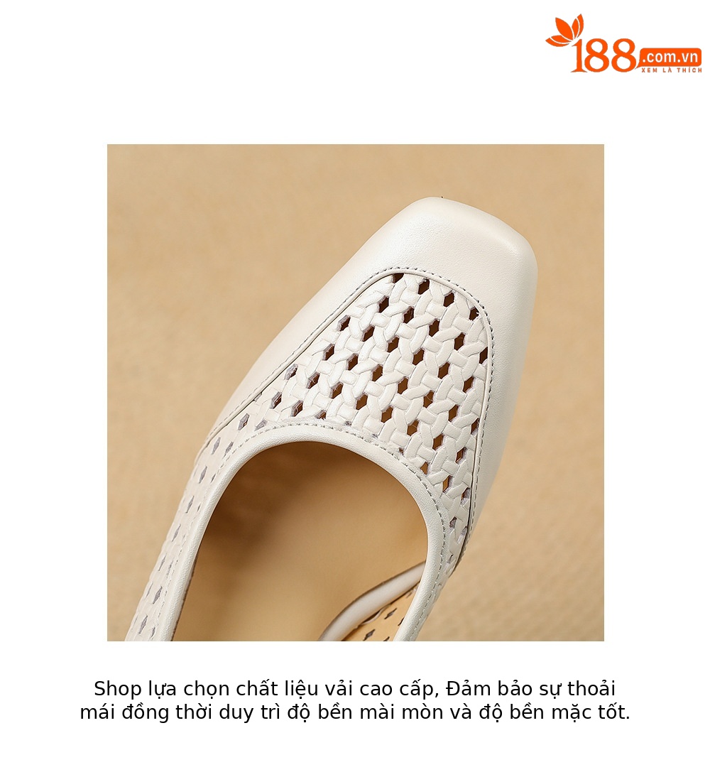 Giày sandal nữ da thật mũi vuông gót xuồng thấp, xỏ chân thoáng khí đi làm — màu trắng ngà, màu mơ chi tiết 18