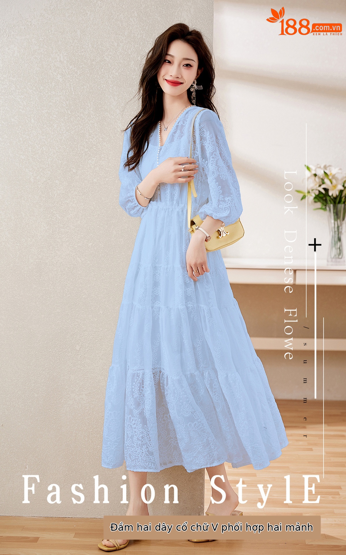 Đầm maxi nữ cổ V thắt eo dáng dài thanh lịch NY1608 — xanh lam, màu tím, màu vàng chi tiết 1