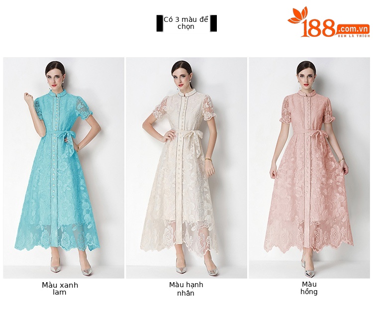 Đầm maxi nữ thêu ren họa tiết rỗng, tay ngắn, cổ tròn, thắt eo, dài qua gối — xanh lam, màu hồng, màu mơ chi tiết 1
