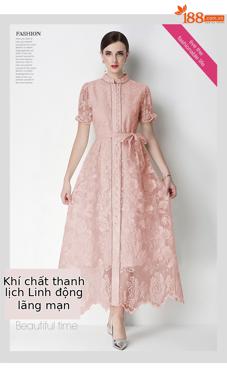 Đầm maxi nữ thêu ren họa tiết rỗng, tay ngắn, cổ tròn, thắt eo, dài qua gối — xanh lam, màu hồng, màu mơ chi tiết 4