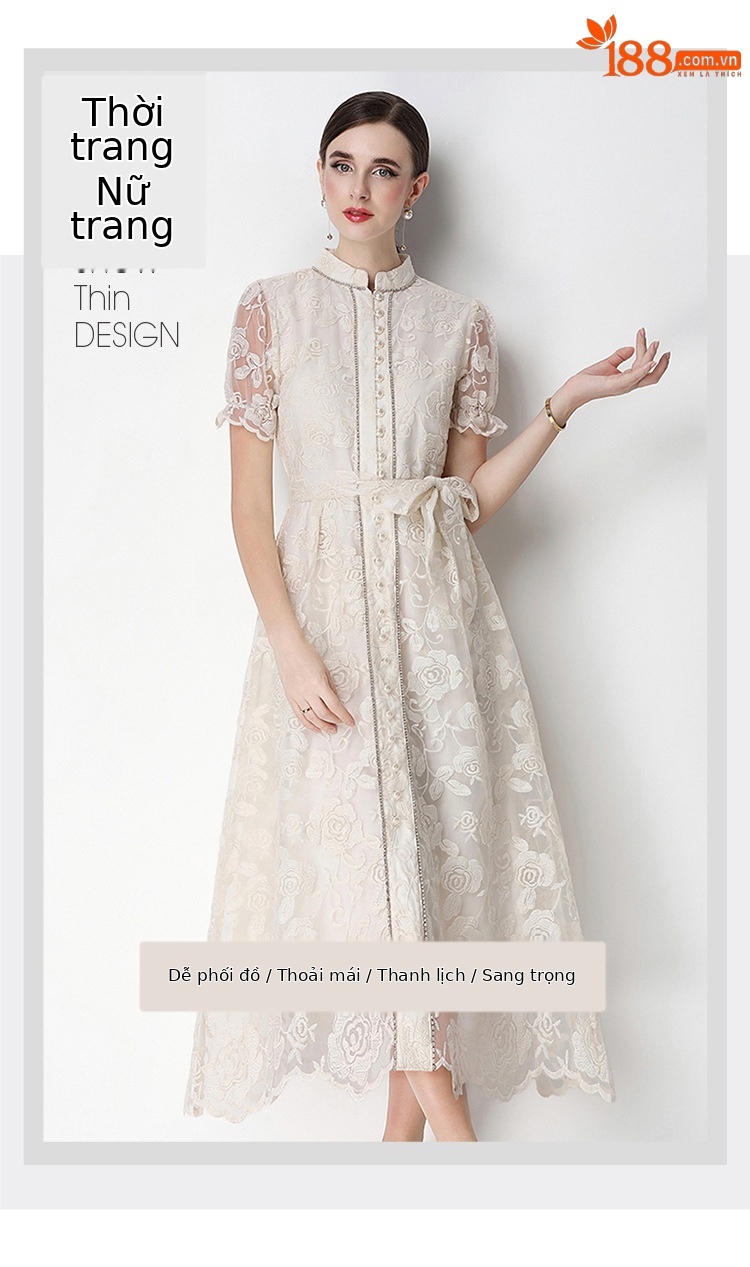 Đầm maxi nữ thêu ren họa tiết rỗng, tay ngắn, cổ tròn, thắt eo, dài qua gối — xanh lam, màu hồng, màu mơ chi tiết 7
