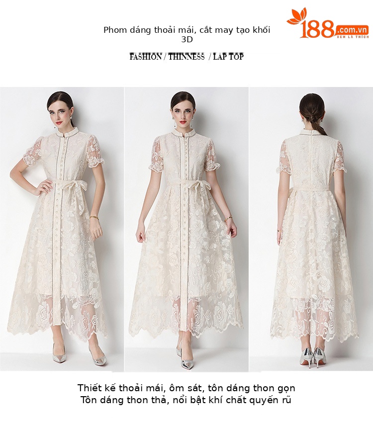 Đầm maxi nữ thêu ren họa tiết rỗng, tay ngắn, cổ tròn, thắt eo, dài qua gối — xanh lam, màu hồng, màu mơ chi tiết 8