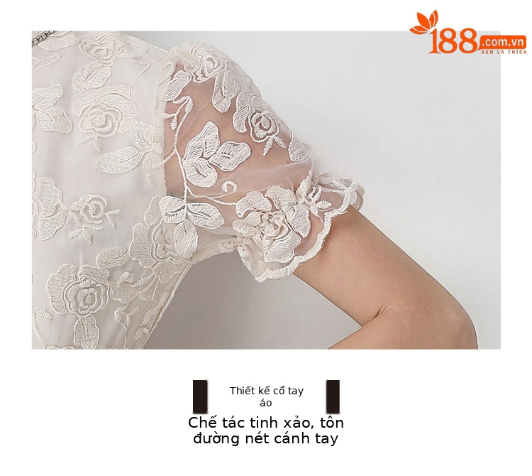 Đầm maxi nữ thêu ren họa tiết rỗng, tay ngắn, cổ tròn, thắt eo, dài qua gối — xanh lam, màu hồng, màu mơ chi tiết 10