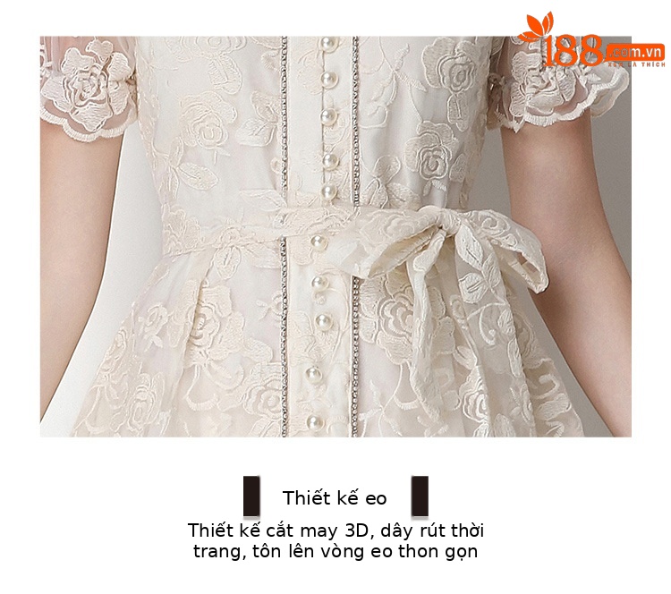 Đầm maxi nữ thêu ren họa tiết rỗng, tay ngắn, cổ tròn, thắt eo, dài qua gối — xanh lam, màu hồng, màu mơ chi tiết 11