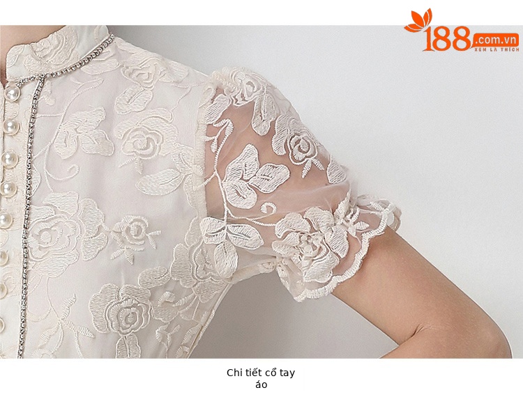 Đầm maxi nữ thêu ren họa tiết rỗng, tay ngắn, cổ tròn, thắt eo, dài qua gối — xanh lam, màu hồng, màu mơ chi tiết 24