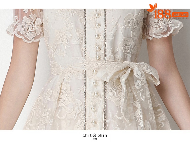 Đầm maxi nữ thêu ren họa tiết rỗng, tay ngắn, cổ tròn, thắt eo, dài qua gối — xanh lam, màu hồng, màu mơ chi tiết 25