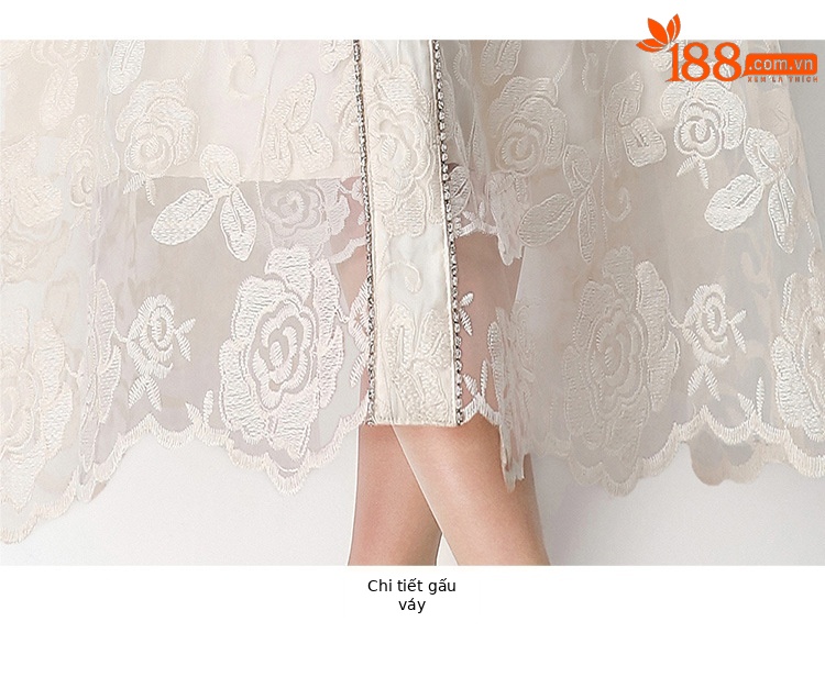 Đầm maxi nữ thêu ren họa tiết rỗng, tay ngắn, cổ tròn, thắt eo, dài qua gối — xanh lam, màu hồng, màu mơ chi tiết 26