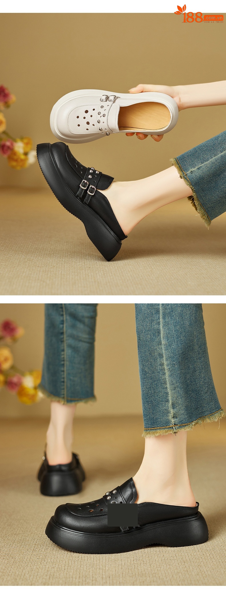 Dép sandal nữ đế dày quai chữ V mũi bao bít — đen chi tiết 3
