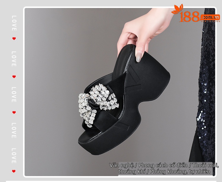 Sandal cao gót nữ đính đá hở mũi quai chéo nơ bướm đế dày — màu đen chi tiết 2
