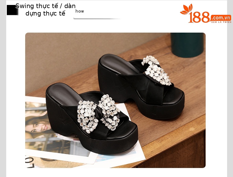 Sandal cao gót nữ đính đá hở mũi quai chéo nơ bướm đế dày — màu đen chi tiết 9
