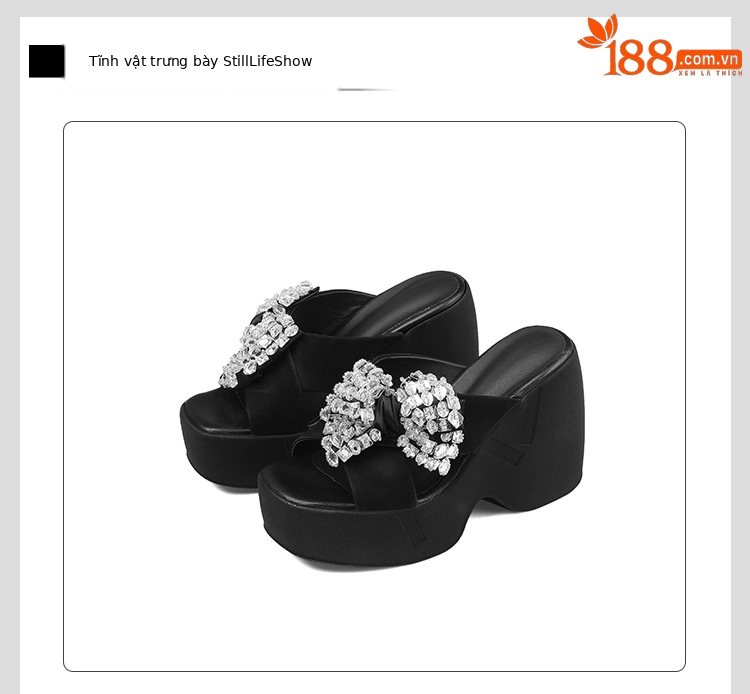 Sandal cao gót nữ đính đá hở mũi quai chéo nơ bướm đế dày — màu đen chi tiết 16