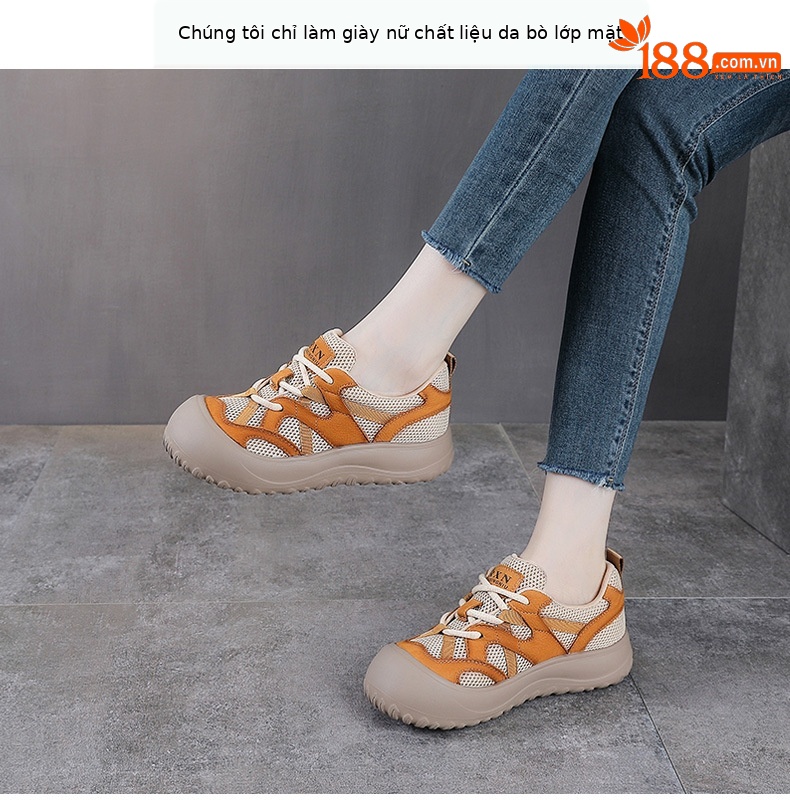 Giày sneaker nữ lưới thoáng khí đế mềm dây buộc da thật — màu be chi tiết 2