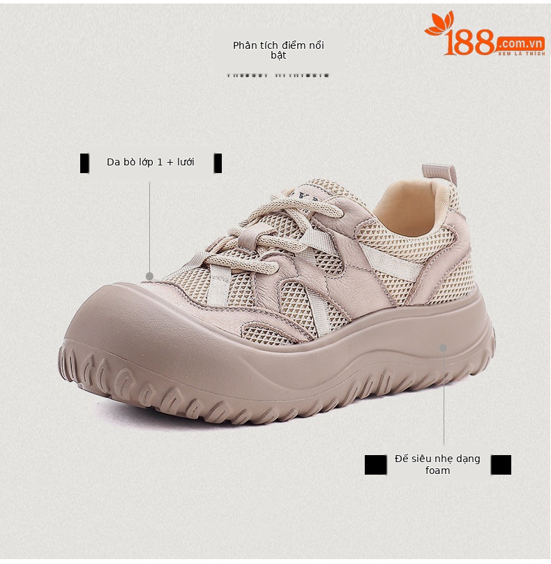 Giày sneaker nữ lưới thoáng khí đế mềm dây buộc da thật — màu be chi tiết 3