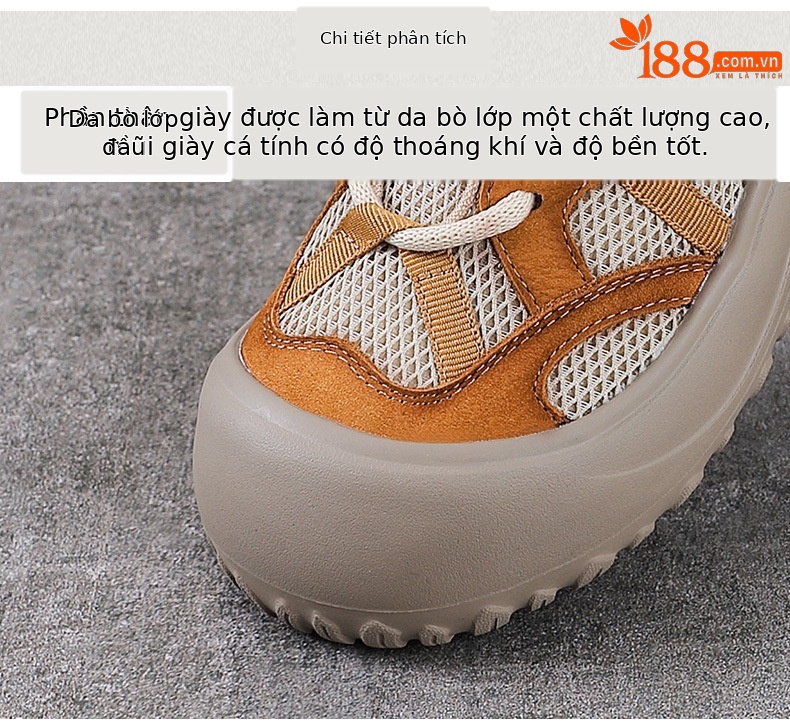 Giày sneaker nữ lưới thoáng khí đế mềm dây buộc da thật — màu be chi tiết 4