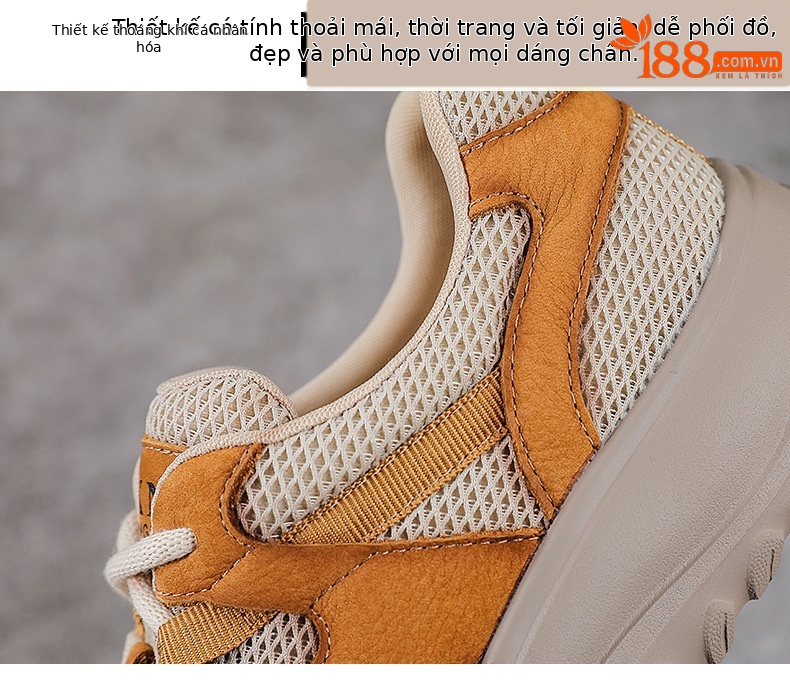 Giày sneaker nữ lưới thoáng khí đế mềm dây buộc da thật — màu be chi tiết 5