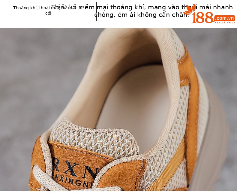 Giày sneaker nữ lưới thoáng khí đế mềm dây buộc da thật — màu be chi tiết 6