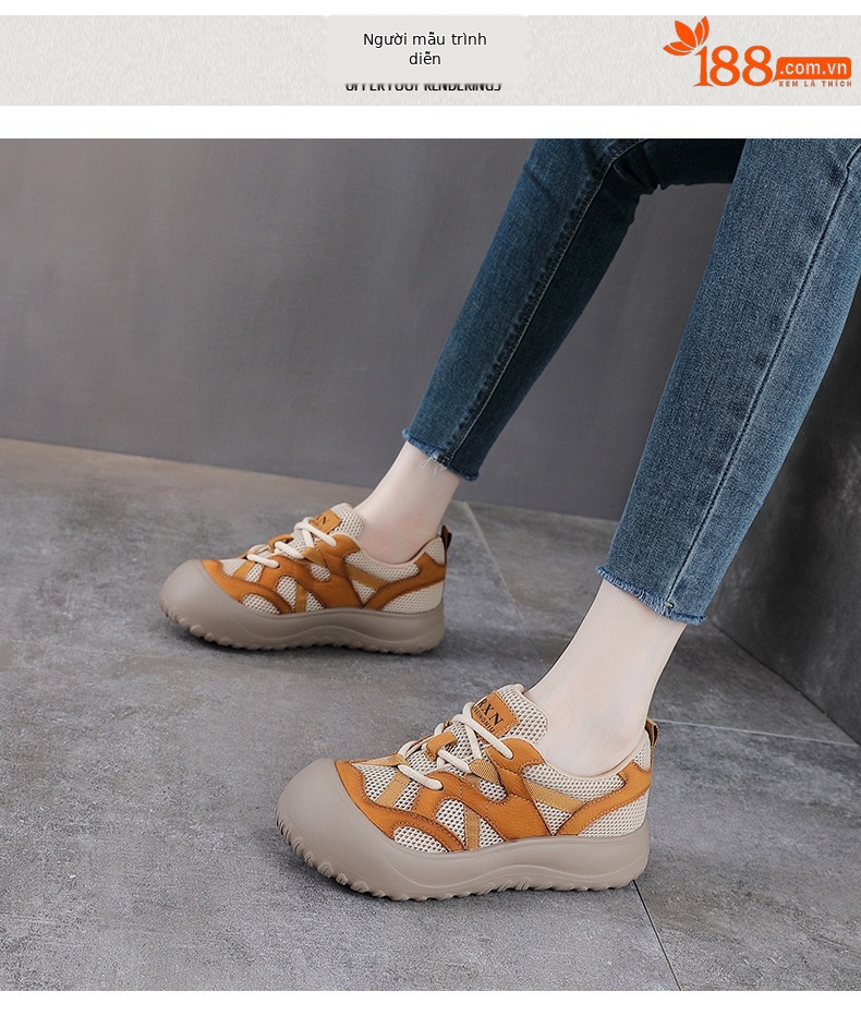 Giày sneaker nữ lưới thoáng khí đế mềm dây buộc da thật — màu be chi tiết 9