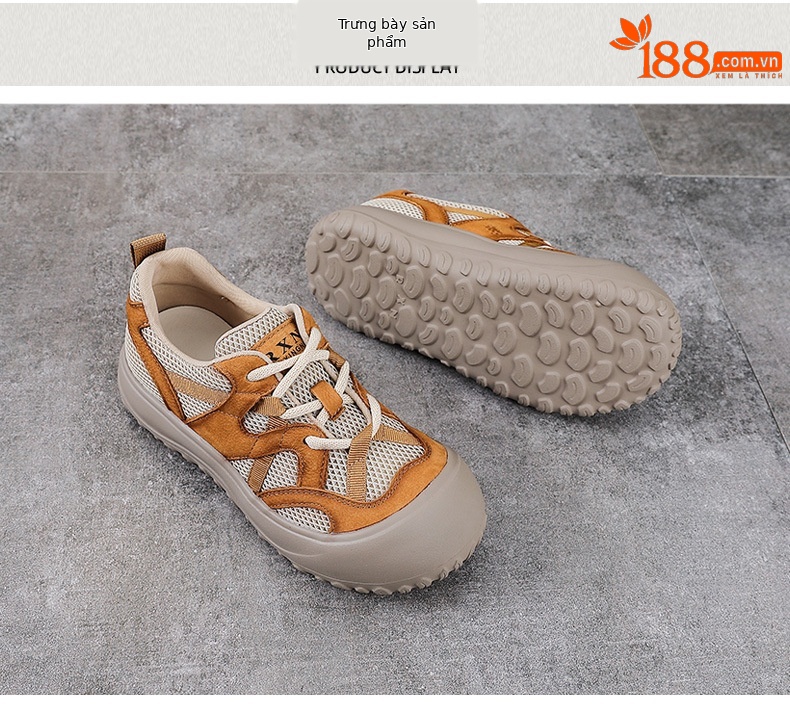 Giày sneaker nữ lưới thoáng khí đế mềm dây buộc da thật — màu be chi tiết 10