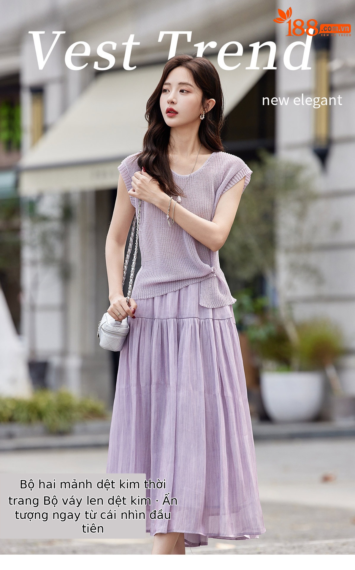 Áo thun cổ tròn tay ngắn phối chân váy midi hai dây đồng bộ nữ — màu tím, màu xám chi tiết 1