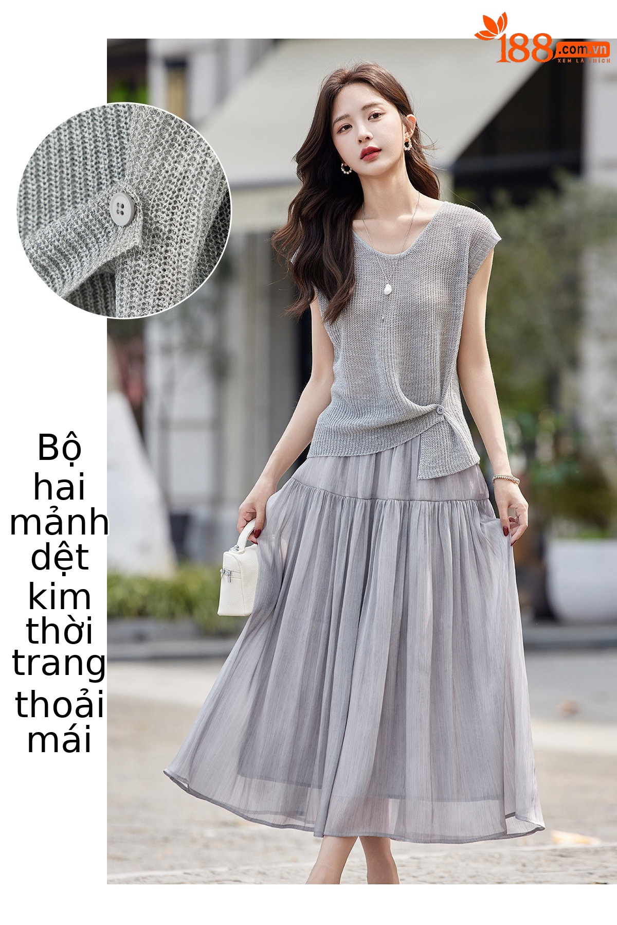 Áo thun cổ tròn tay ngắn phối chân váy midi hai dây đồng bộ nữ — màu tím, màu xám chi tiết 3