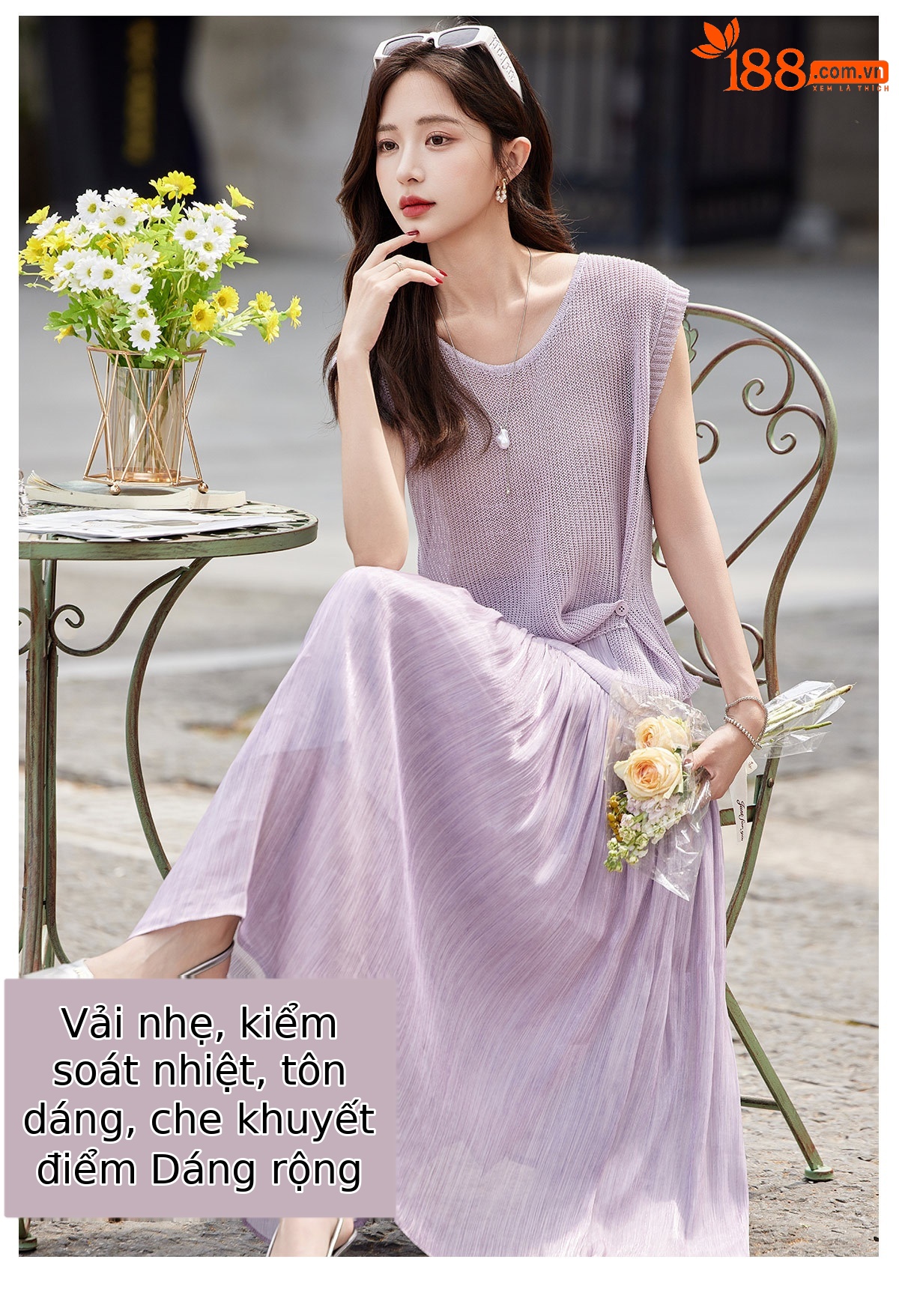 Áo thun cổ tròn tay ngắn phối chân váy midi hai dây đồng bộ nữ — màu tím, màu xám chi tiết 5
