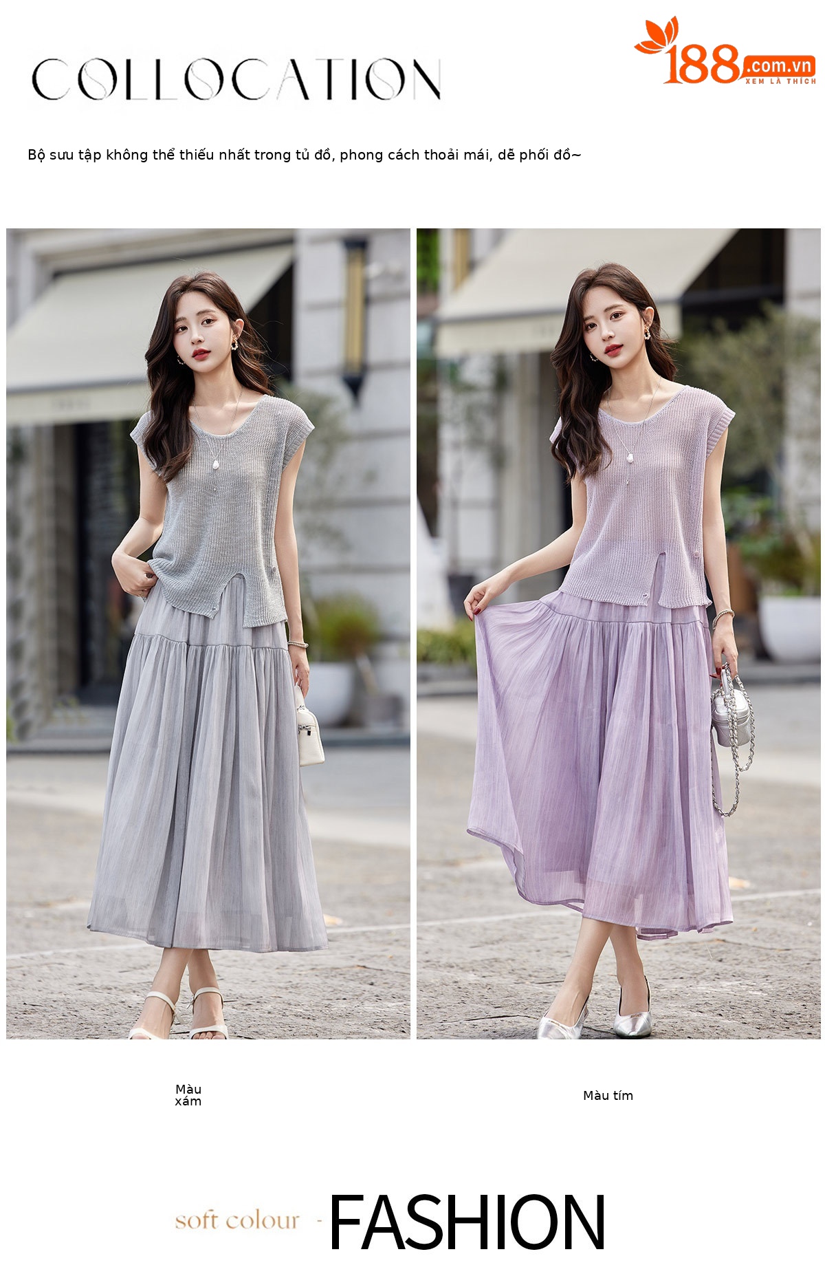 Áo thun cổ tròn tay ngắn phối chân váy midi hai dây đồng bộ nữ — màu tím, màu xám chi tiết 6