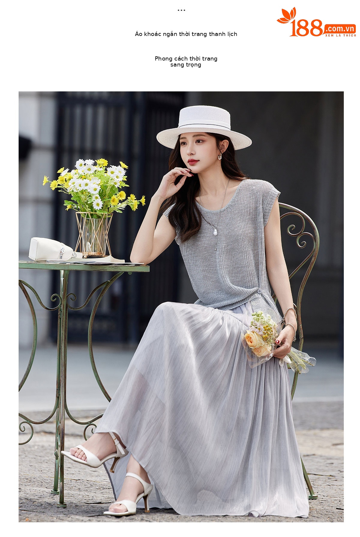 Áo thun cổ tròn tay ngắn phối chân váy midi hai dây đồng bộ nữ — màu tím, màu xám chi tiết 7