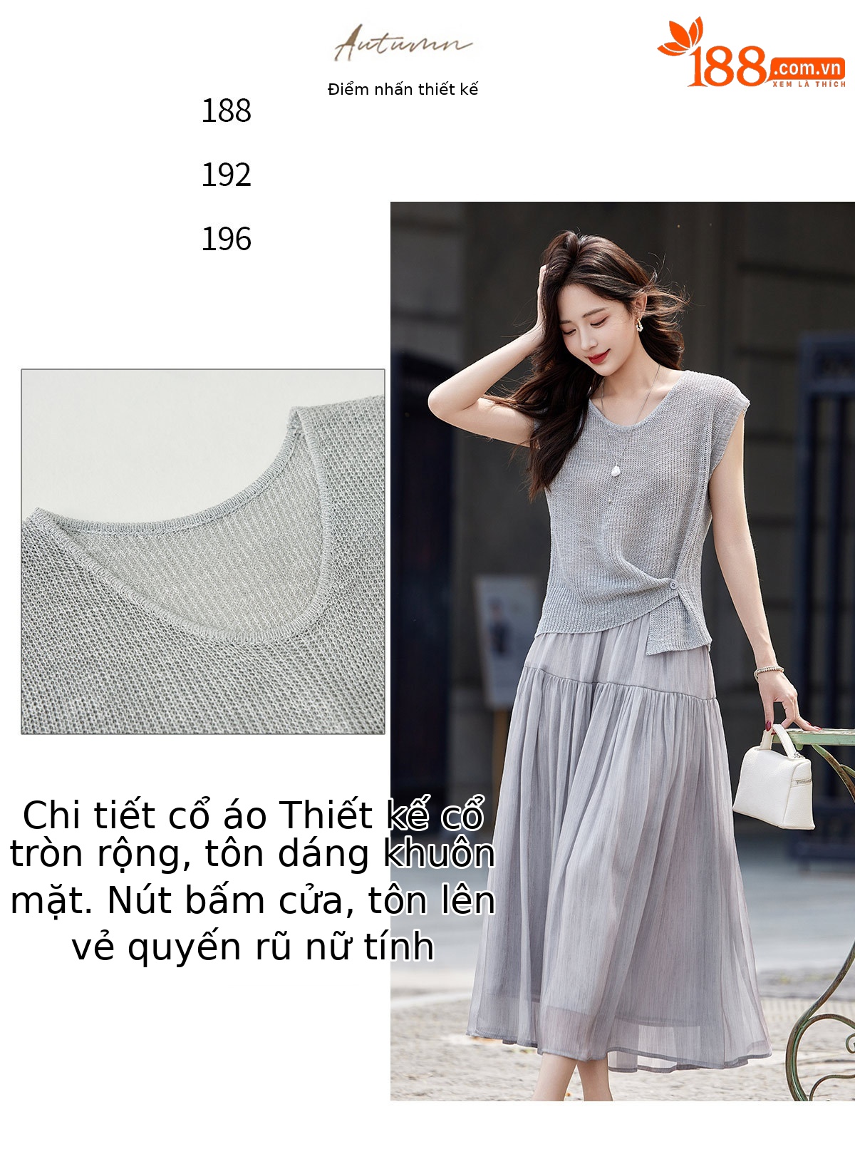 Áo thun cổ tròn tay ngắn phối chân váy midi hai dây đồng bộ nữ — màu tím, màu xám chi tiết 8