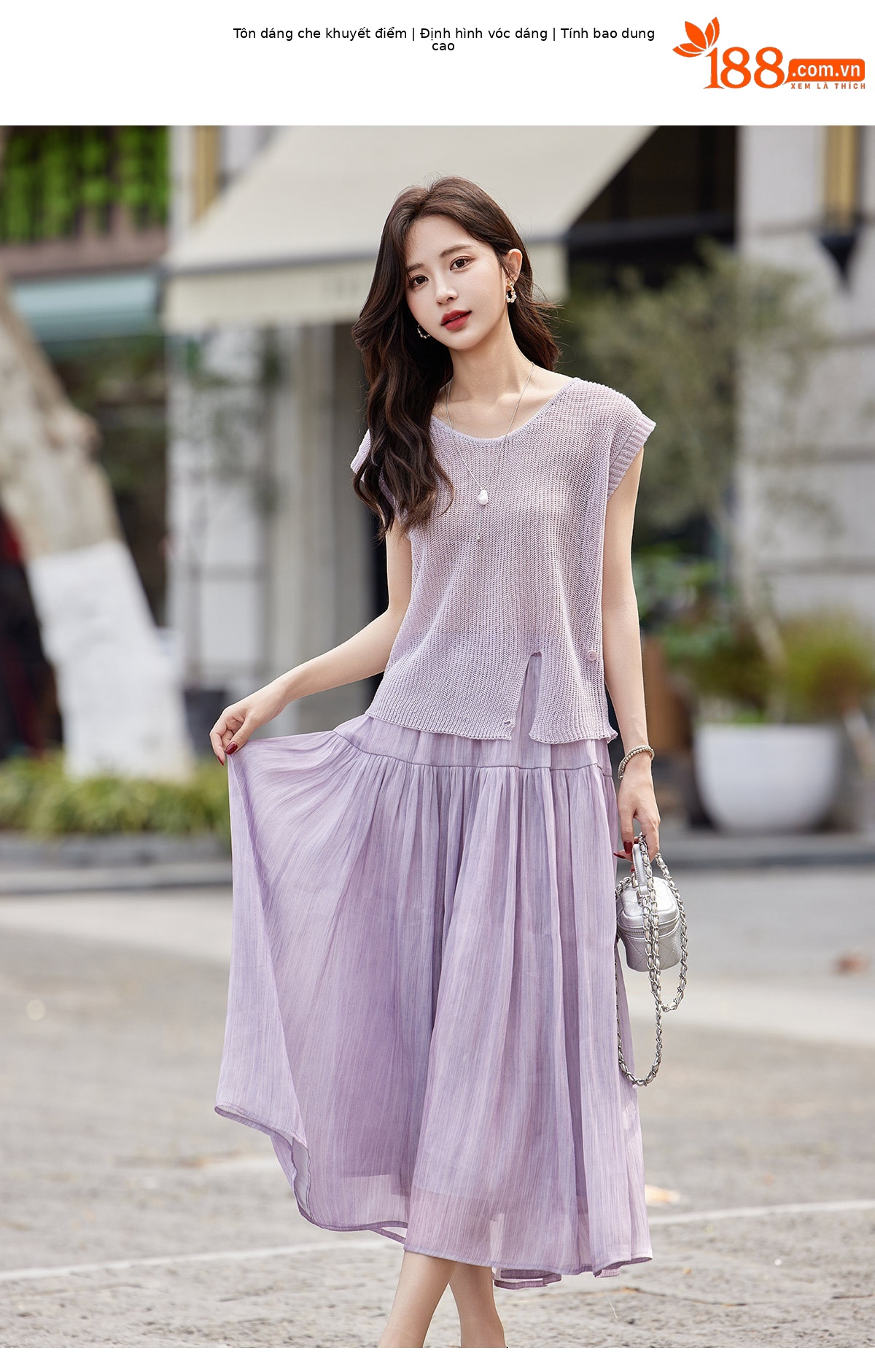 Áo thun cổ tròn tay ngắn phối chân váy midi hai dây đồng bộ nữ — màu tím, màu xám chi tiết 10