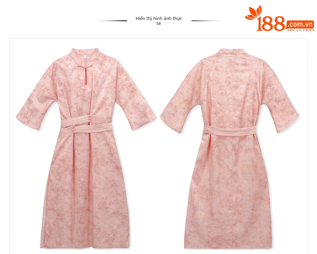 Đầm maxi nữ thắt eo thiết kế jacquard họa tiết hoa văn cổ điển, tay ngắn, cổ đứng — màu hồng chi tiết 18