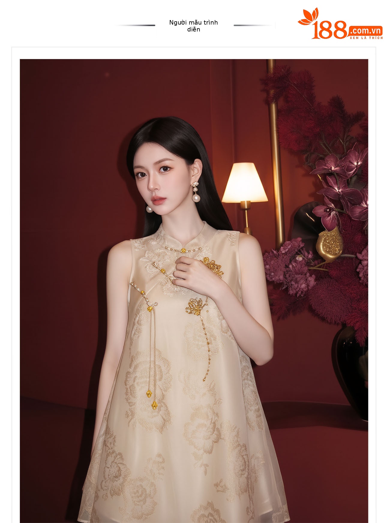 Đầm maxi nữ thắt eo thiết kế cổ điển họa tiết hoa nổi — Gừng chi tiết 1