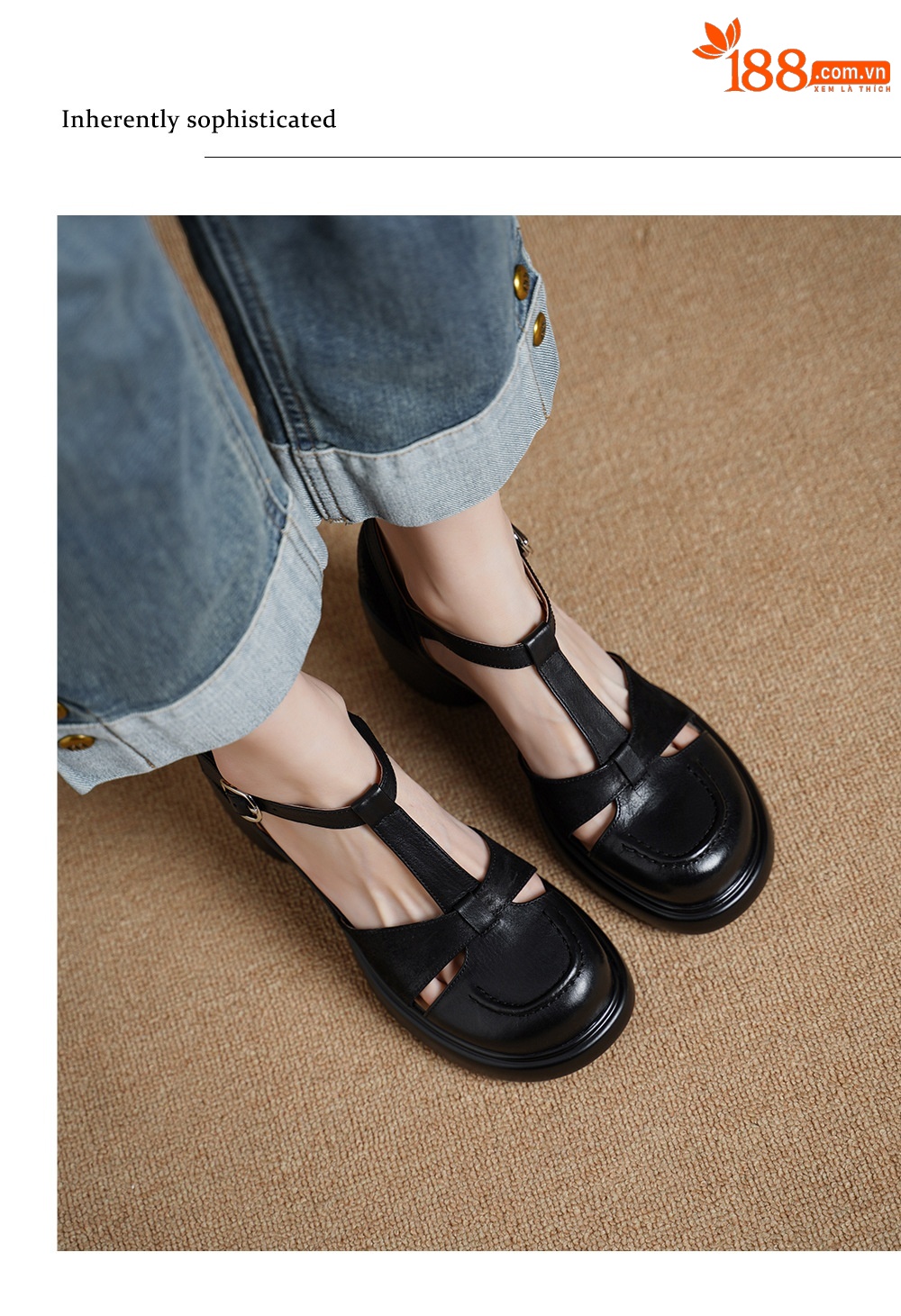 Sandal nữ cao gót mũi nhọn quai chữ T da bò, gót 8 cm — đen chi tiết 6