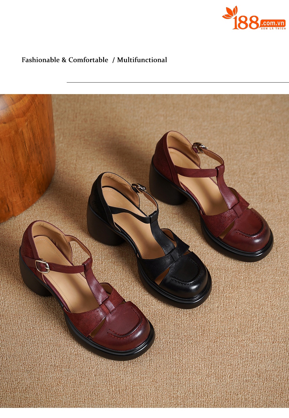 Sandal nữ cao gót mũi nhọn quai chữ T da bò, gót 8 cm — đen chi tiết 12