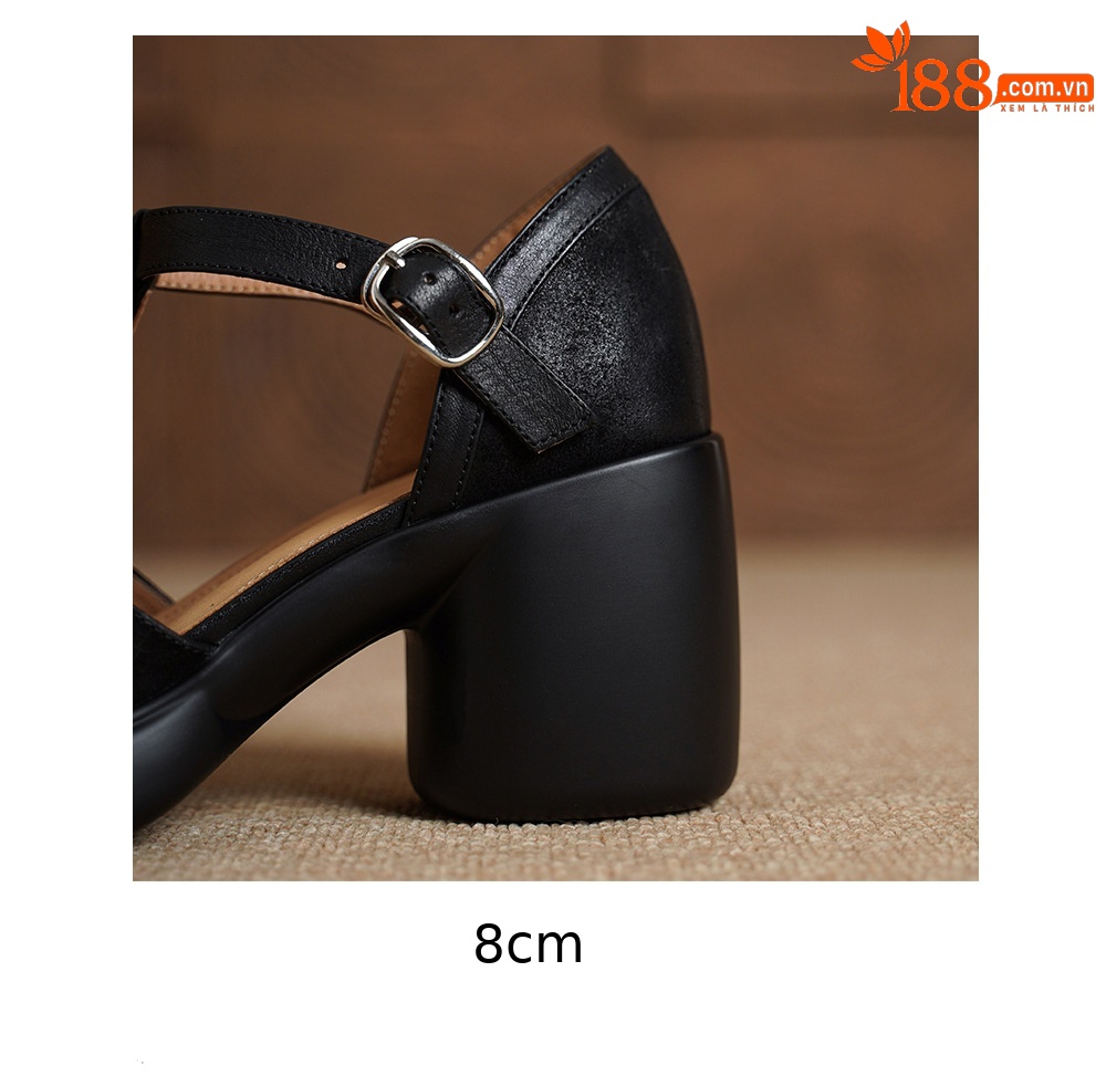Sandal nữ cao gót mũi nhọn quai chữ T da bò, gót 8 cm — đen chi tiết 19