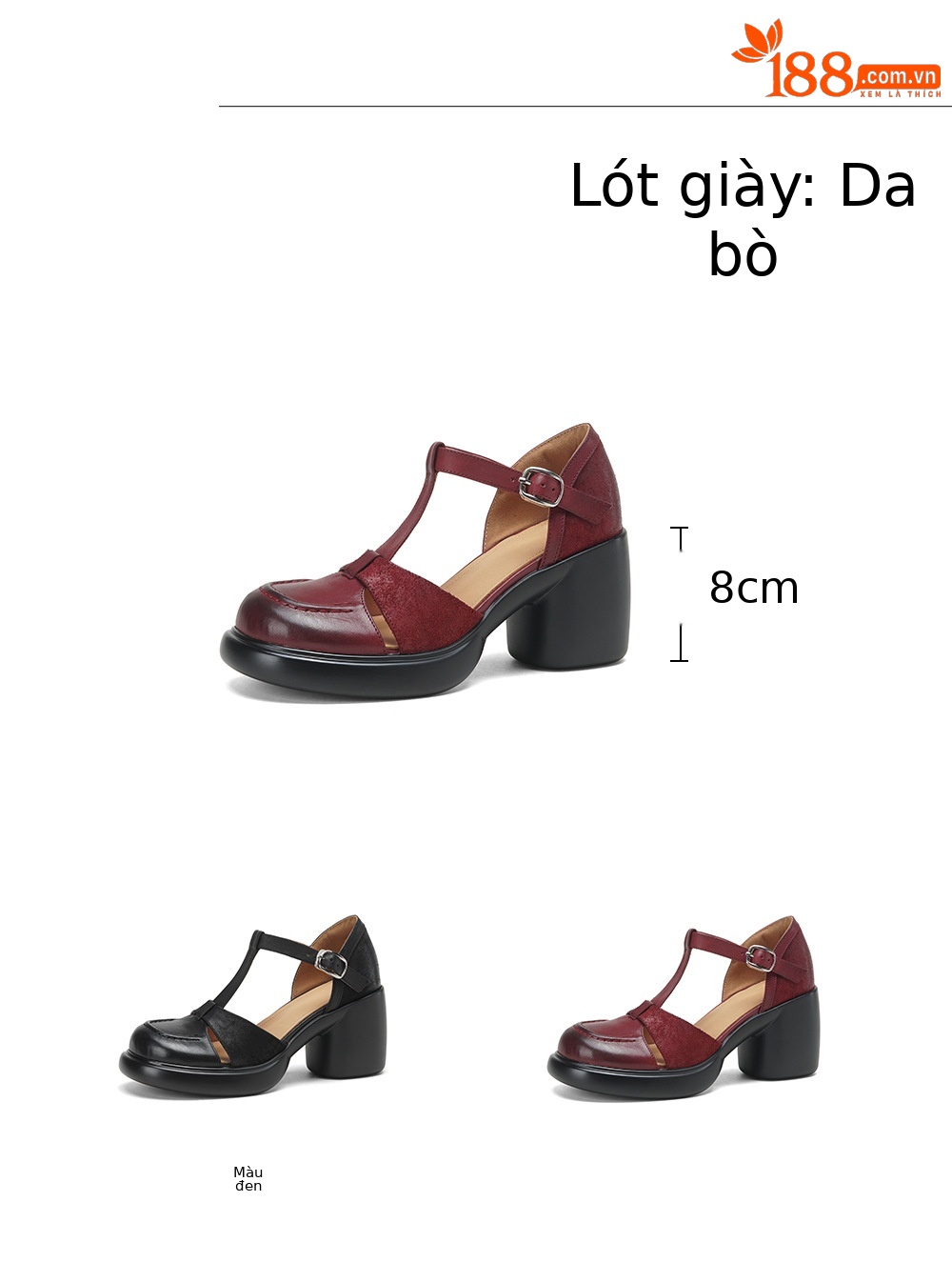 Sandal nữ cao gót mũi nhọn quai chữ T da bò, gót 8 cm — đen chi tiết 2