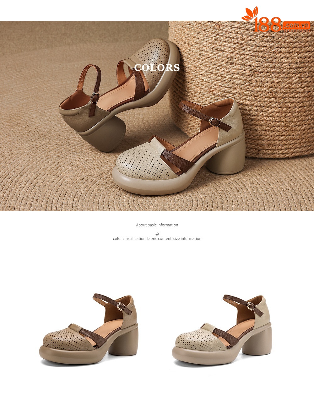 Sandal nữ da cừu mũi trùm đục lỗ quai ngang khóa một chữ gót thô 7.5 cm — màu trắng ngà chi tiết 5