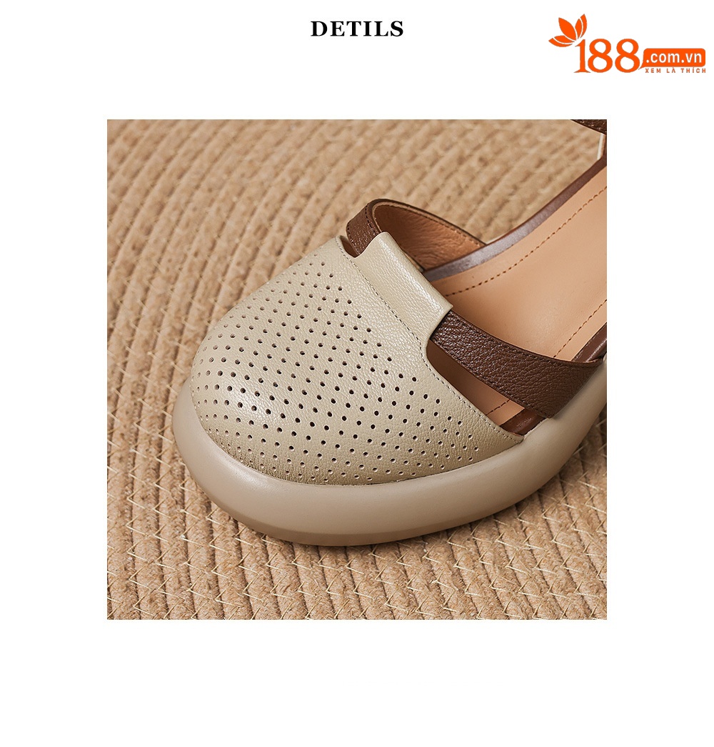 Sandal nữ da cừu mũi trùm đục lỗ quai ngang khóa một chữ gót thô 7.5 cm — màu trắng ngà chi tiết 18