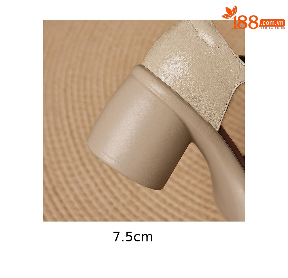 Sandal nữ da cừu mũi trùm đục lỗ quai ngang khóa một chữ gót thô 7.5 cm — màu trắng ngà chi tiết 20