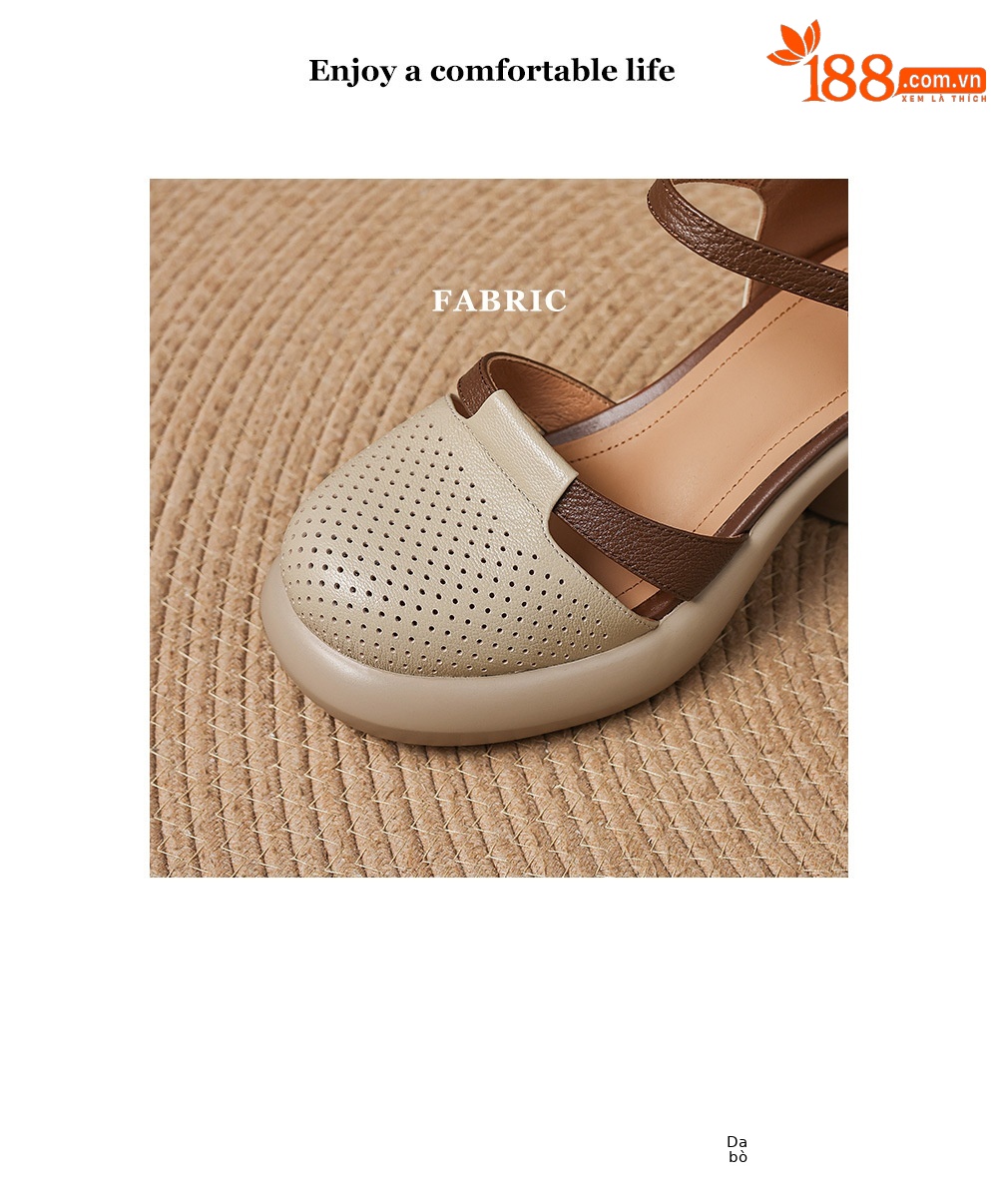 Sandal nữ da cừu mũi trùm đục lỗ quai ngang khóa một chữ gót thô 7.5 cm — màu trắng ngà chi tiết 3
