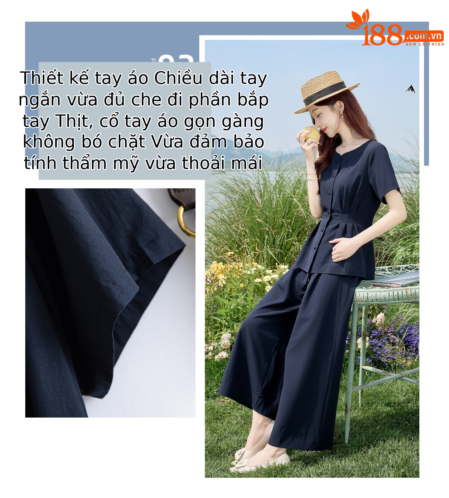 Bộ váy quần cổ điển nữ tay ngắn thắt eo ống rộng hai mảnh mùa hè 2026 — Xanh lông mòng đen chi tiết 6