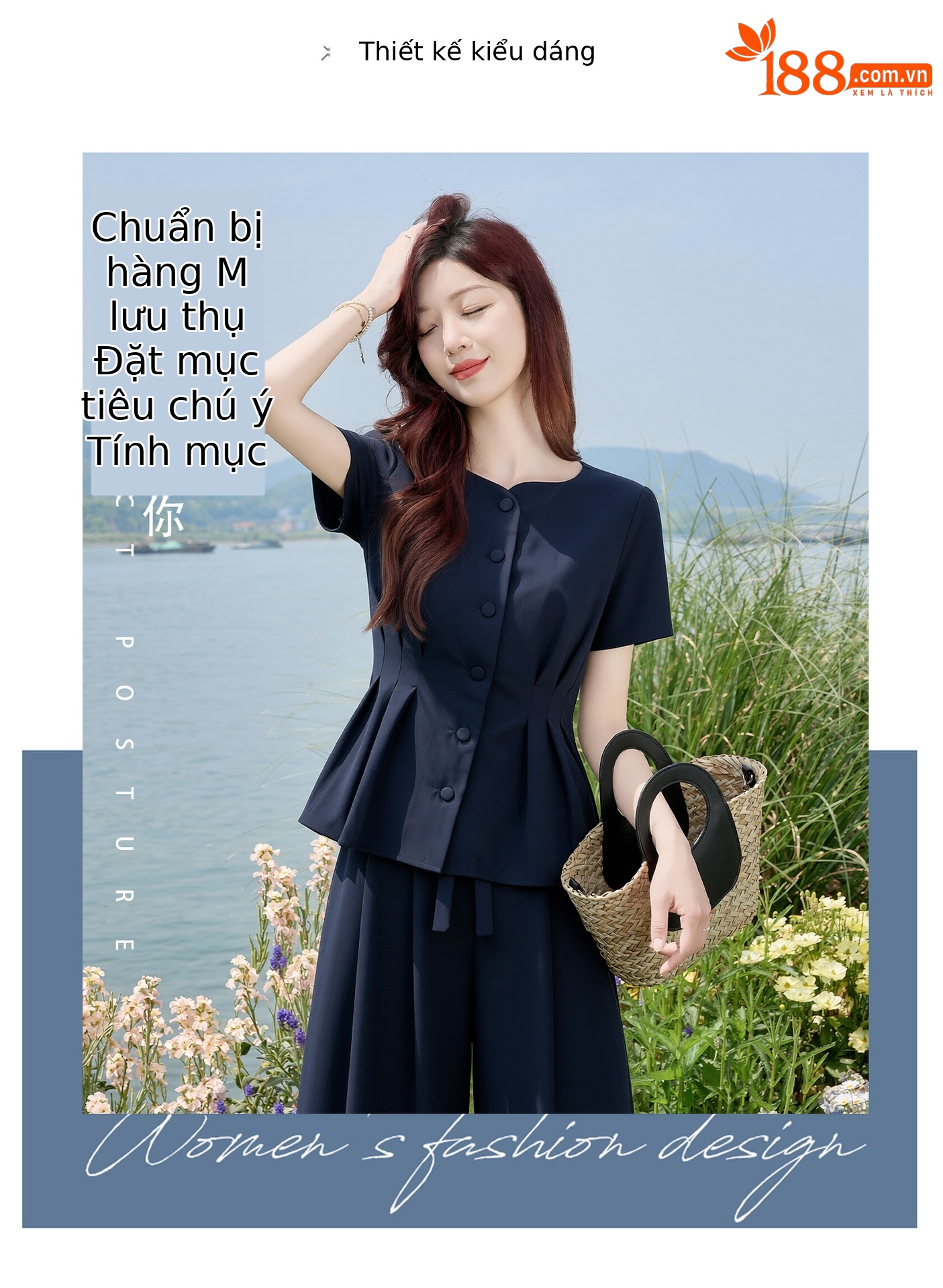 Bộ váy quần cổ điển nữ tay ngắn thắt eo ống rộng hai mảnh mùa hè 2026 — Xanh lông mòng đen chi tiết 3