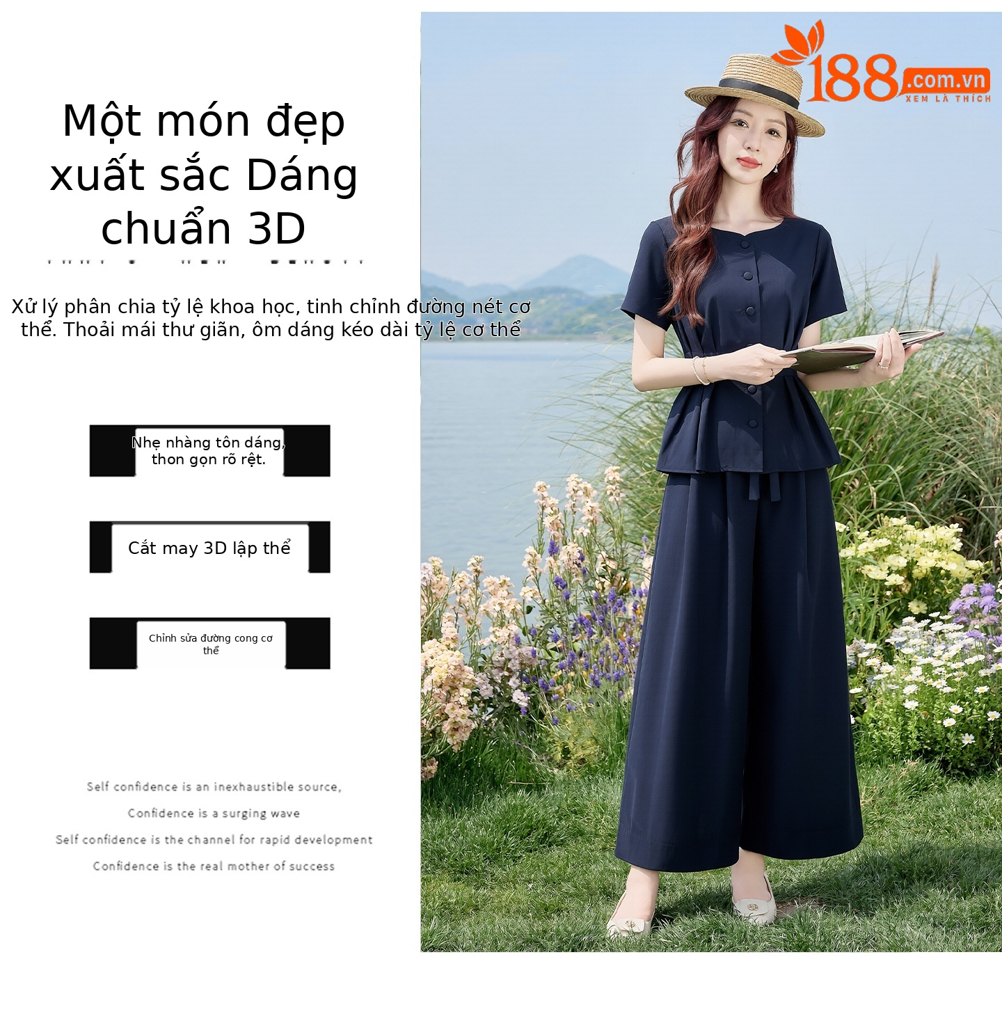 Bộ váy quần cổ điển nữ tay ngắn thắt eo ống rộng hai mảnh mùa hè 2026 — Xanh lông mòng đen chi tiết 4