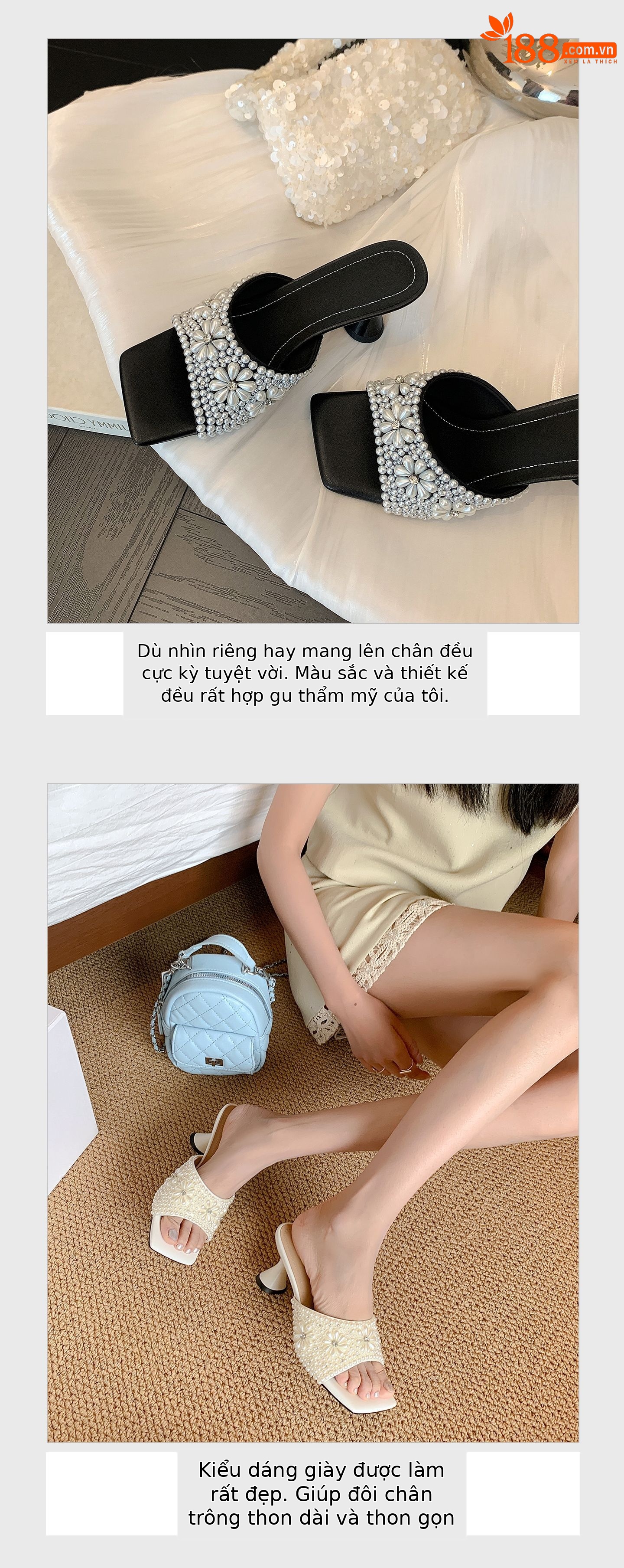 Sandal cao gót nữ quai ngang mũi vuông đính đá pha lê handmade — màu đen, màu trắng chi tiết 7